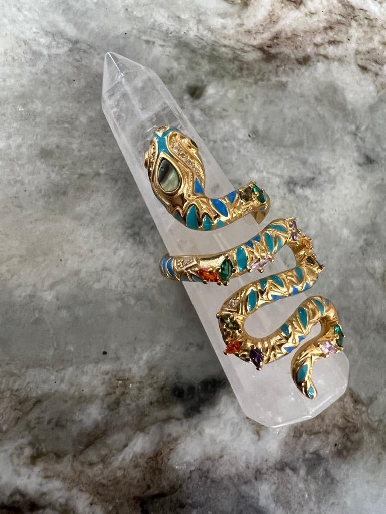 REAL Gemstones 14K Gold on SOLID 925 Snake Ring wrap Egyptian Rev Yellow gf