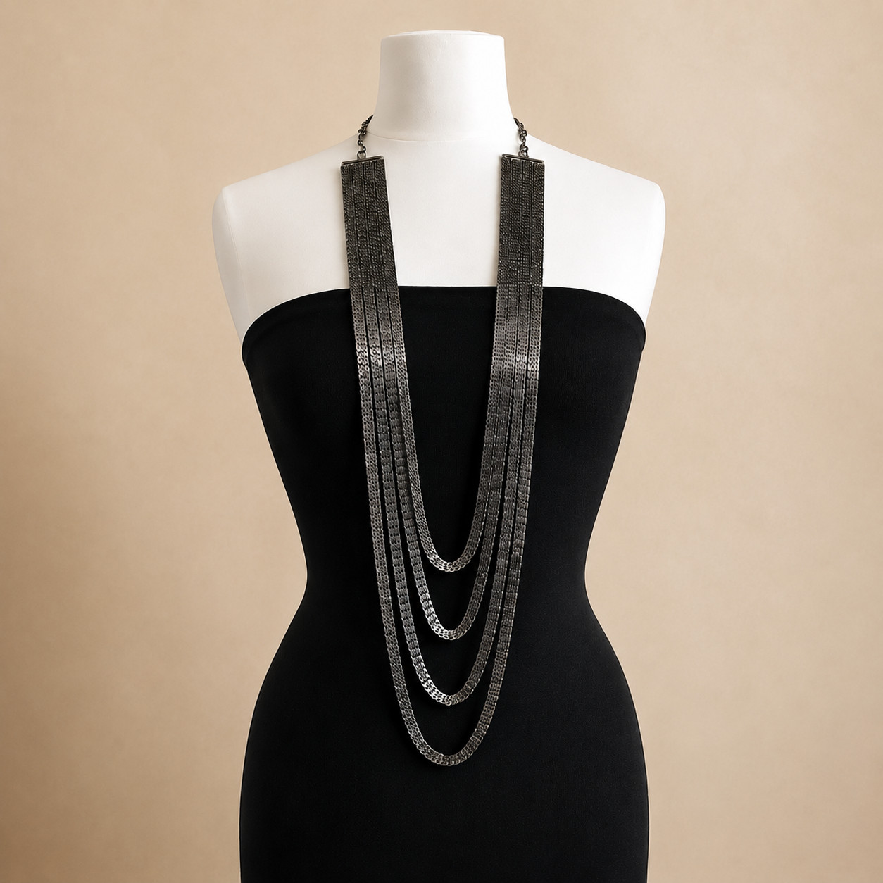 Gunmetal Statement Necklace – Four Strand Liquid Metal Fashion Necklace