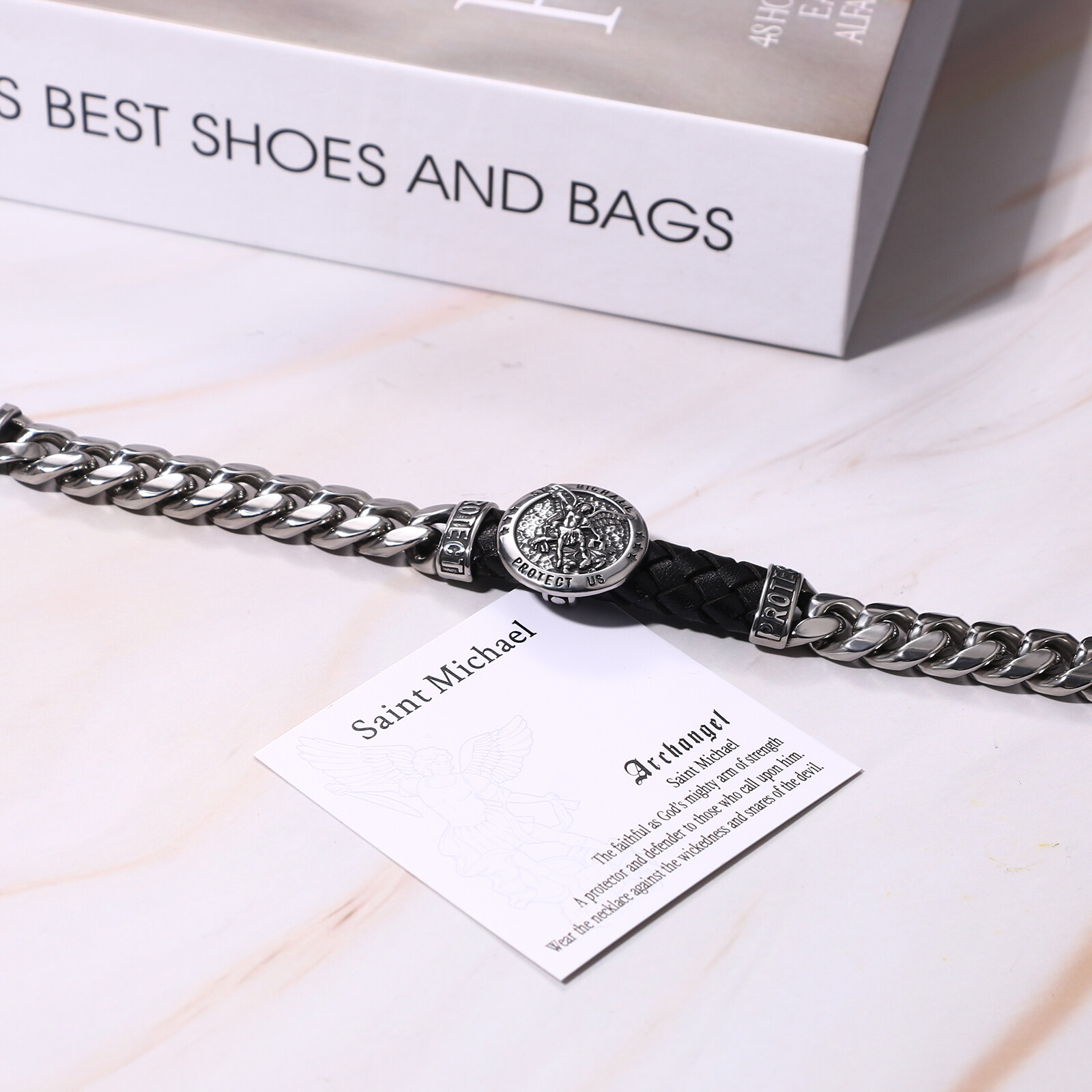 9in Cuban Link St Michael Bracelet for Men Stainless Steel Heavy Biker Bangle