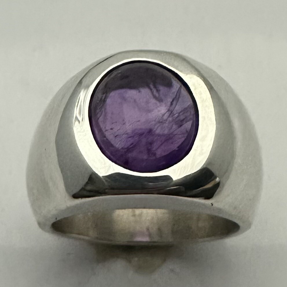 MJG STERLING SILVER RING. HEAVY. 12 x 10mm OVAL Natural AMETHYST CAB. SZ 9.5