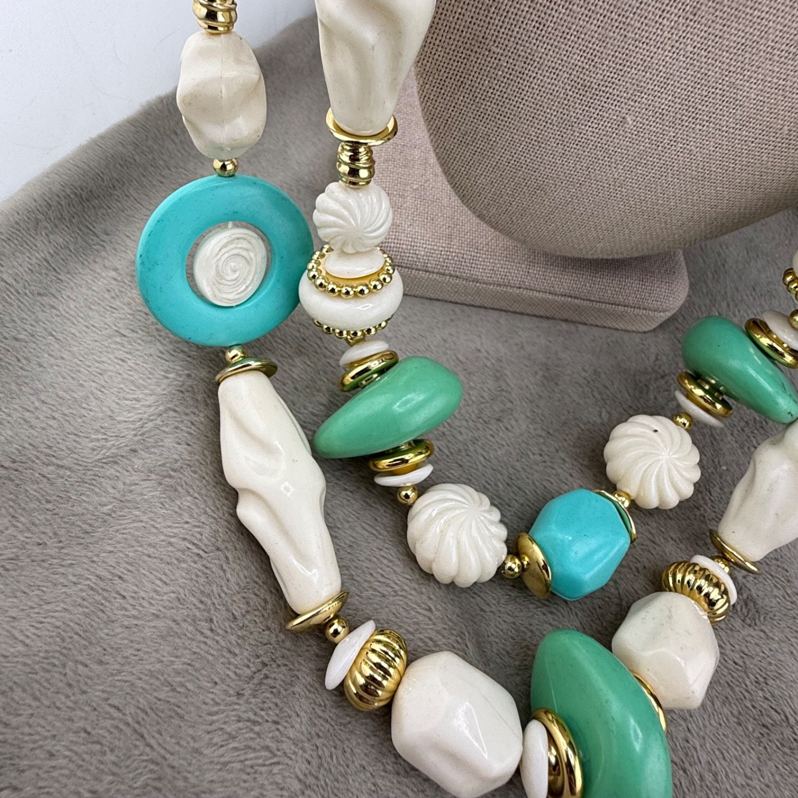 Vintage Beaded Layered Necklace Chunky Blue Green Gold Tone 30″