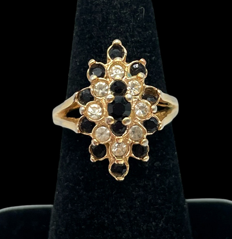 VTG 18K HGE Gold Black & Clear cluster stones Floral burst cocktail ring 6