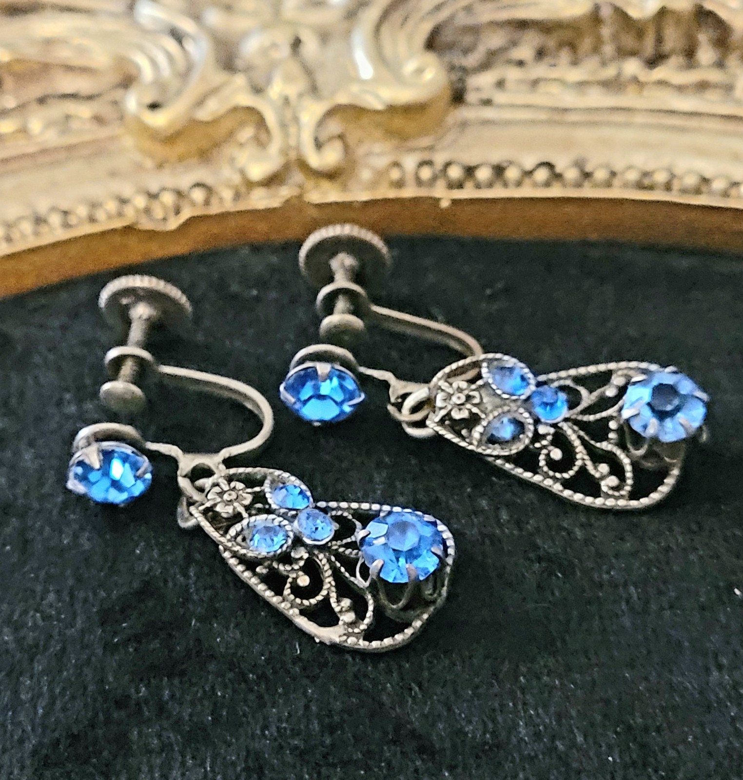 Vintage Gold Tone 1930s Art Deco Earrings Blue Rhinestone Screw Back