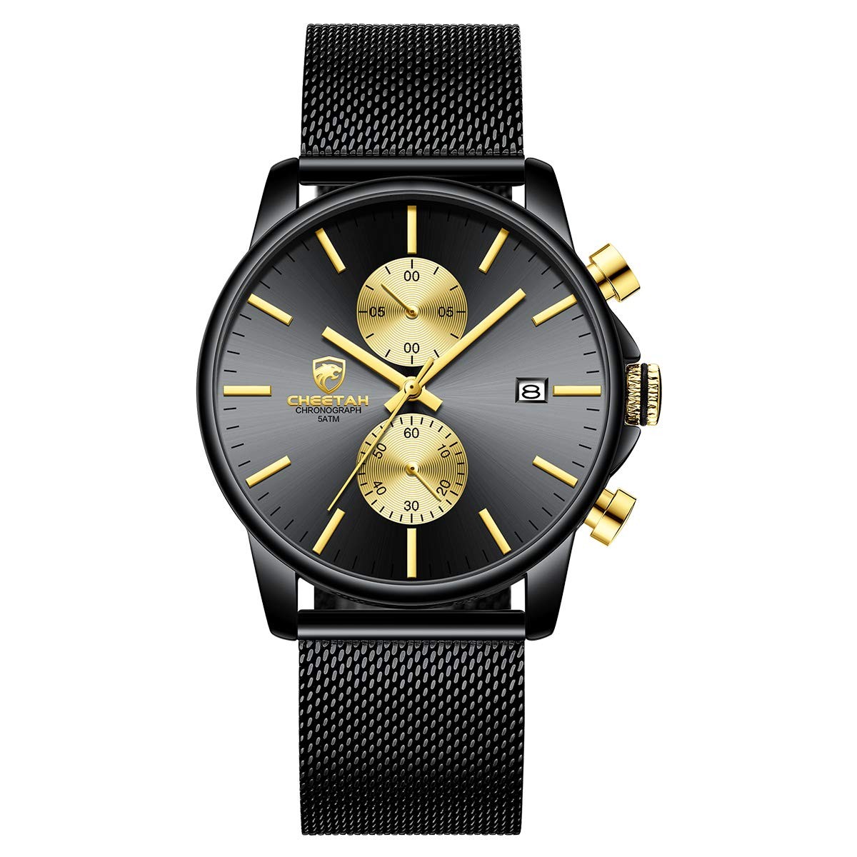 Mens Fashion Watch Analog Quartz Stainless Steel Mesh Waterproof Chronograph Dat