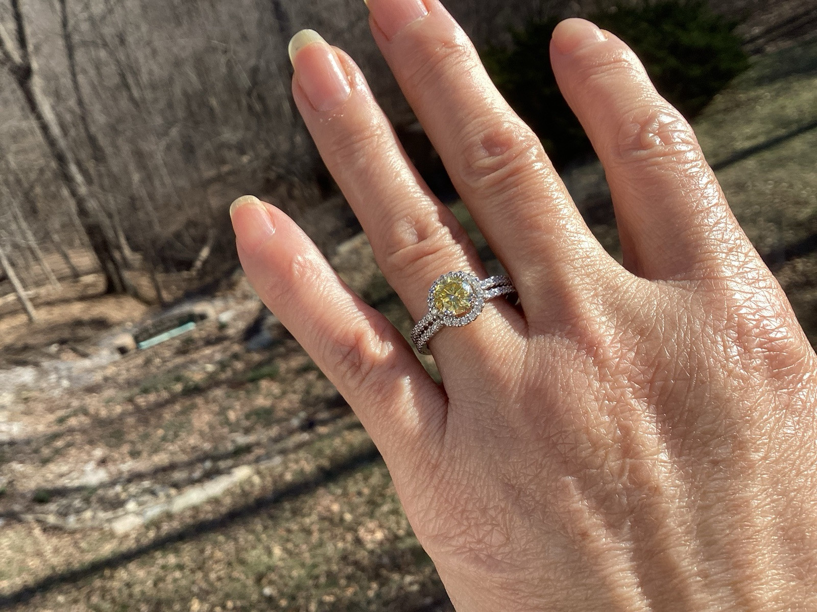 1ct Fancy Vivid Yellow Moissanite Halo Set Engagement Ring