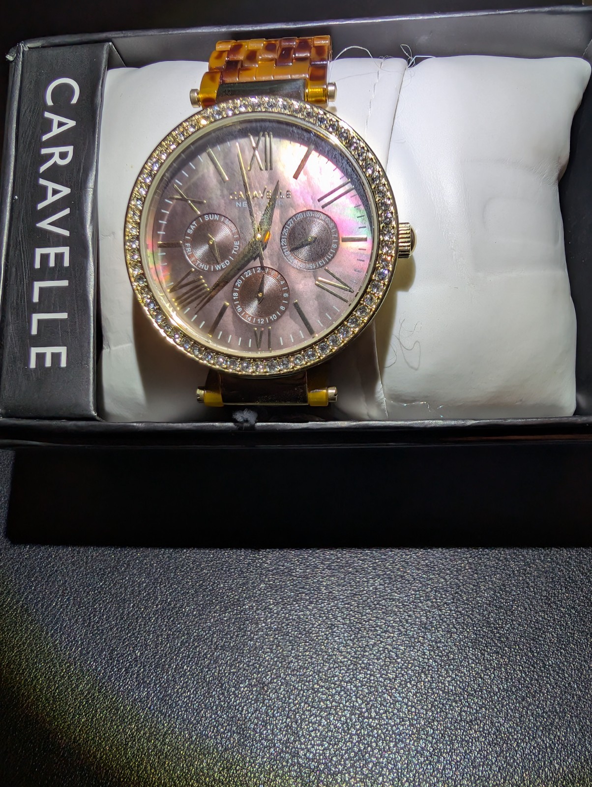 Caravelle New York Women Watch Tortoise Shell Resin Gold Crystal Bezel NIB Box