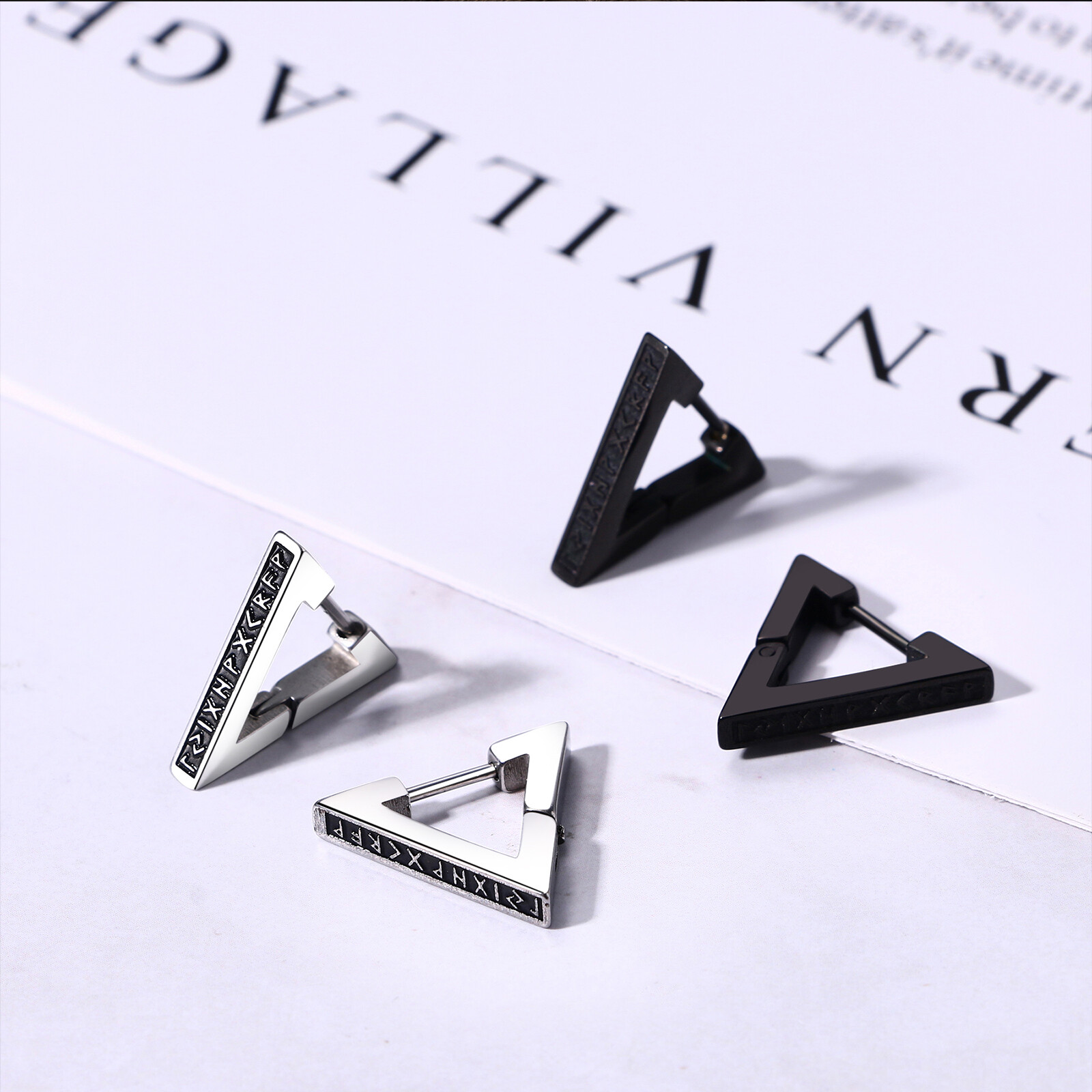 Norse Viking Runes Triangle Hoop Earrings for Men Women Huggie Hoops Ear Studs