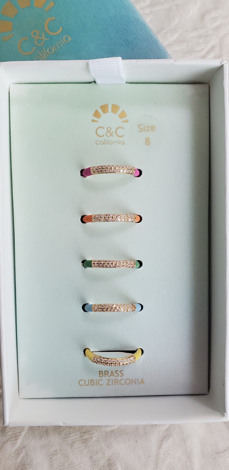 C & C California RING SET Colorful Enamel Brass Cubic Zirconia 5 Rings NEW SZ 8