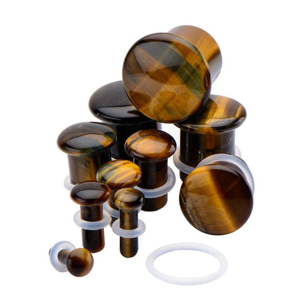 Pair Single Flare Tiger Eye Stone Plugs gauges organic Size 8ga to 5/8 Inch E554