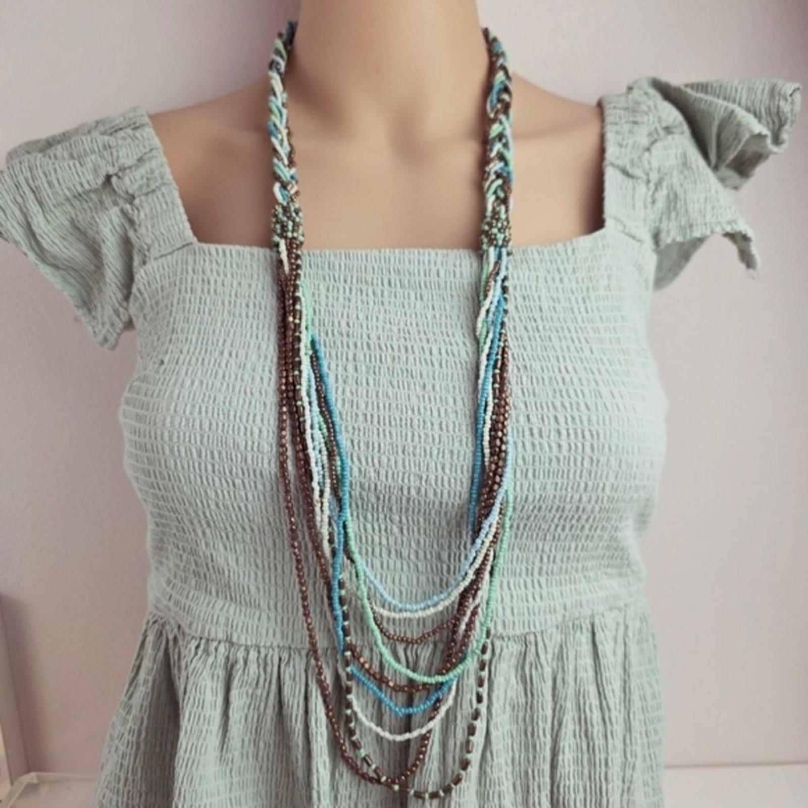 Multicolor Beaded Braided Necklace Boho Layered Blue Turquoise Brown Green Tan