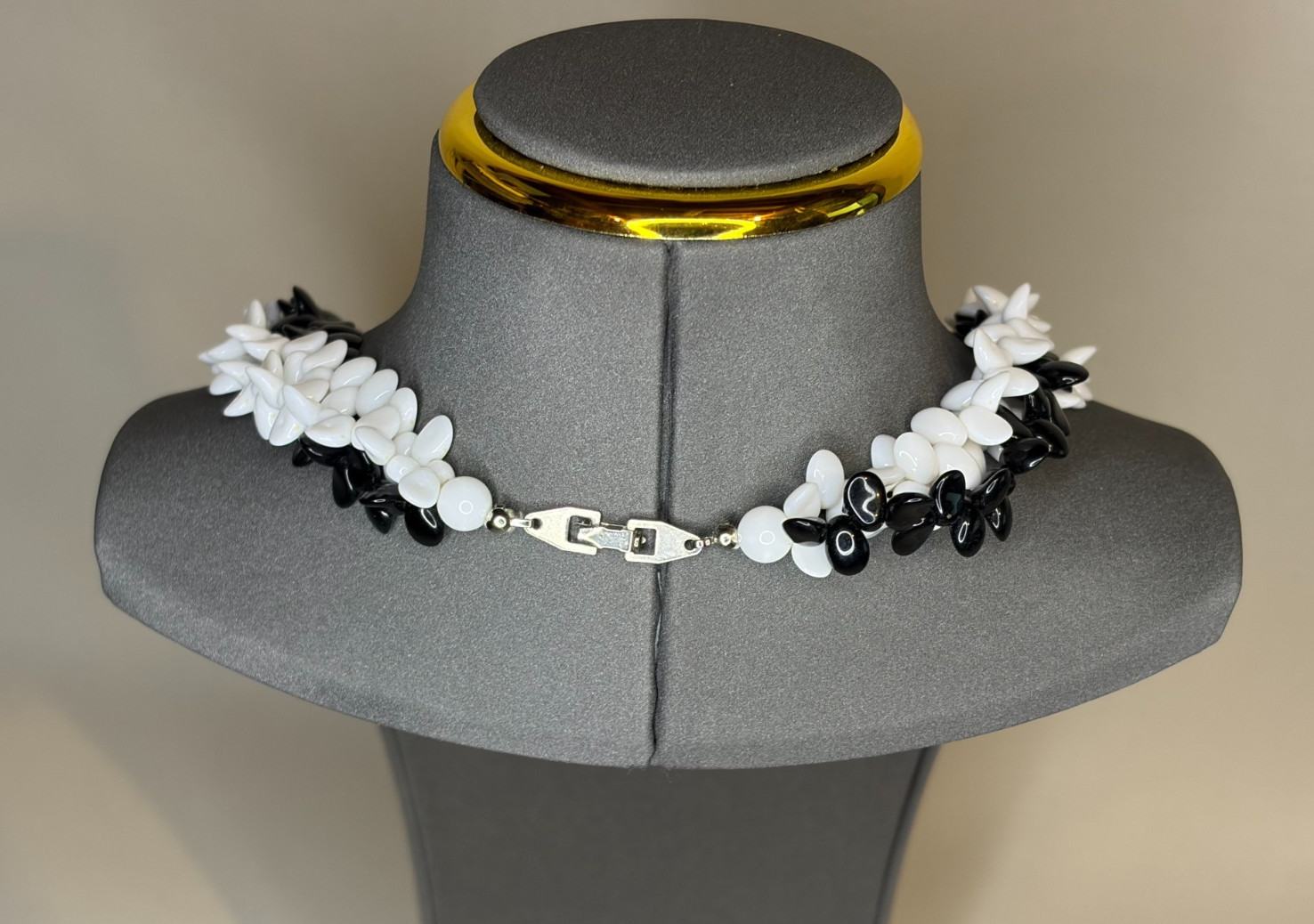 Vintage 1960s Black White Multi Strand Cluster Bead Torsade Necklace Fold Over C