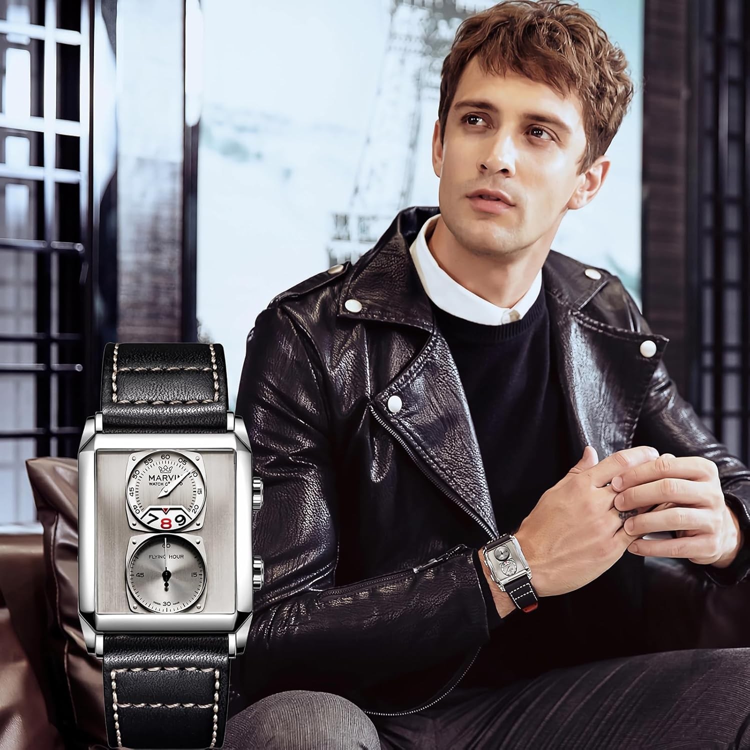 Watches for Men Swiss Mens Watch in Stainless Steel with Leather Strap and Recta