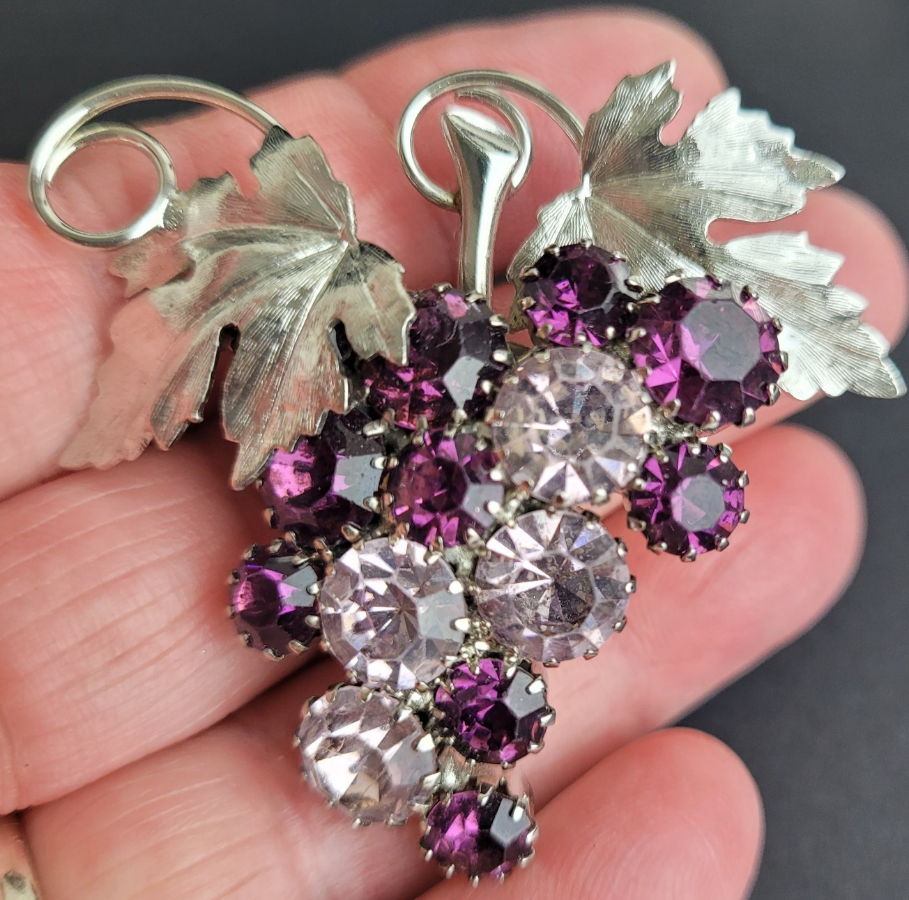Shades of Purple Rhinestone Grape Cluster Brooch Silver Tone
