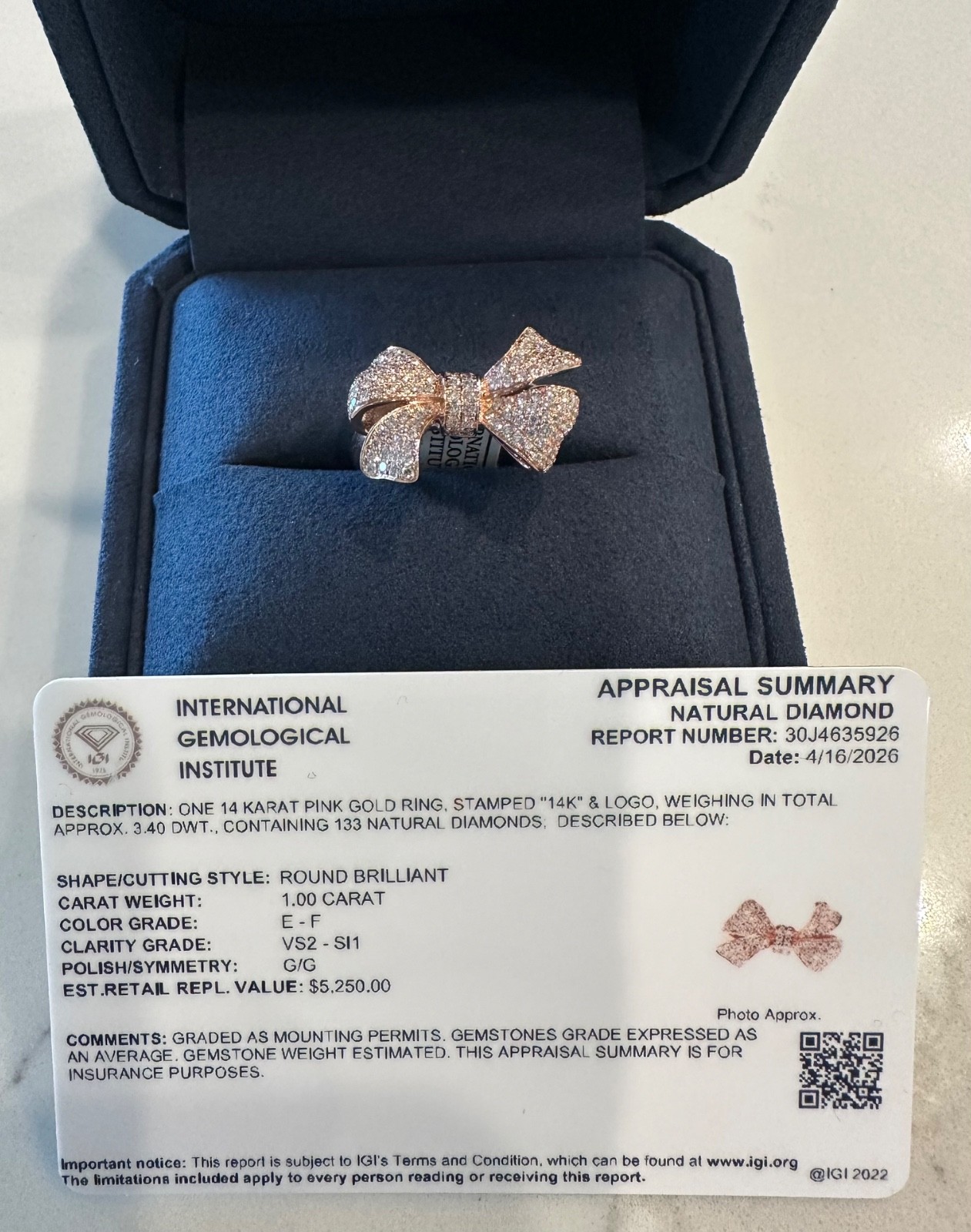 1.00 est tcw Natural Diamond & 14k Pink Gold Bow Ring IGI Report 30J4635926