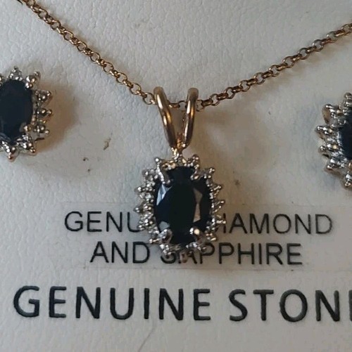 Macy’s genuine Sapphire & Diamond Halo Pendant Necklace Stud Earrings Set w/ Box