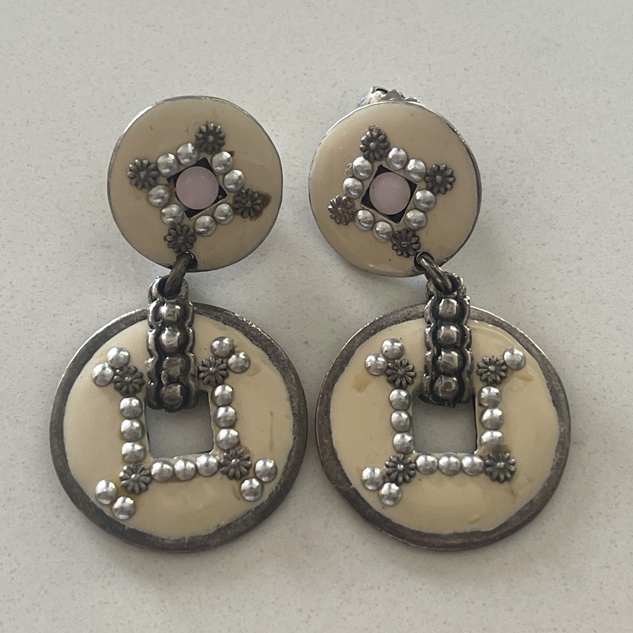 GAS Bijoux Beige Enamel Open circle Dangle Earrings sequins studs Peirced