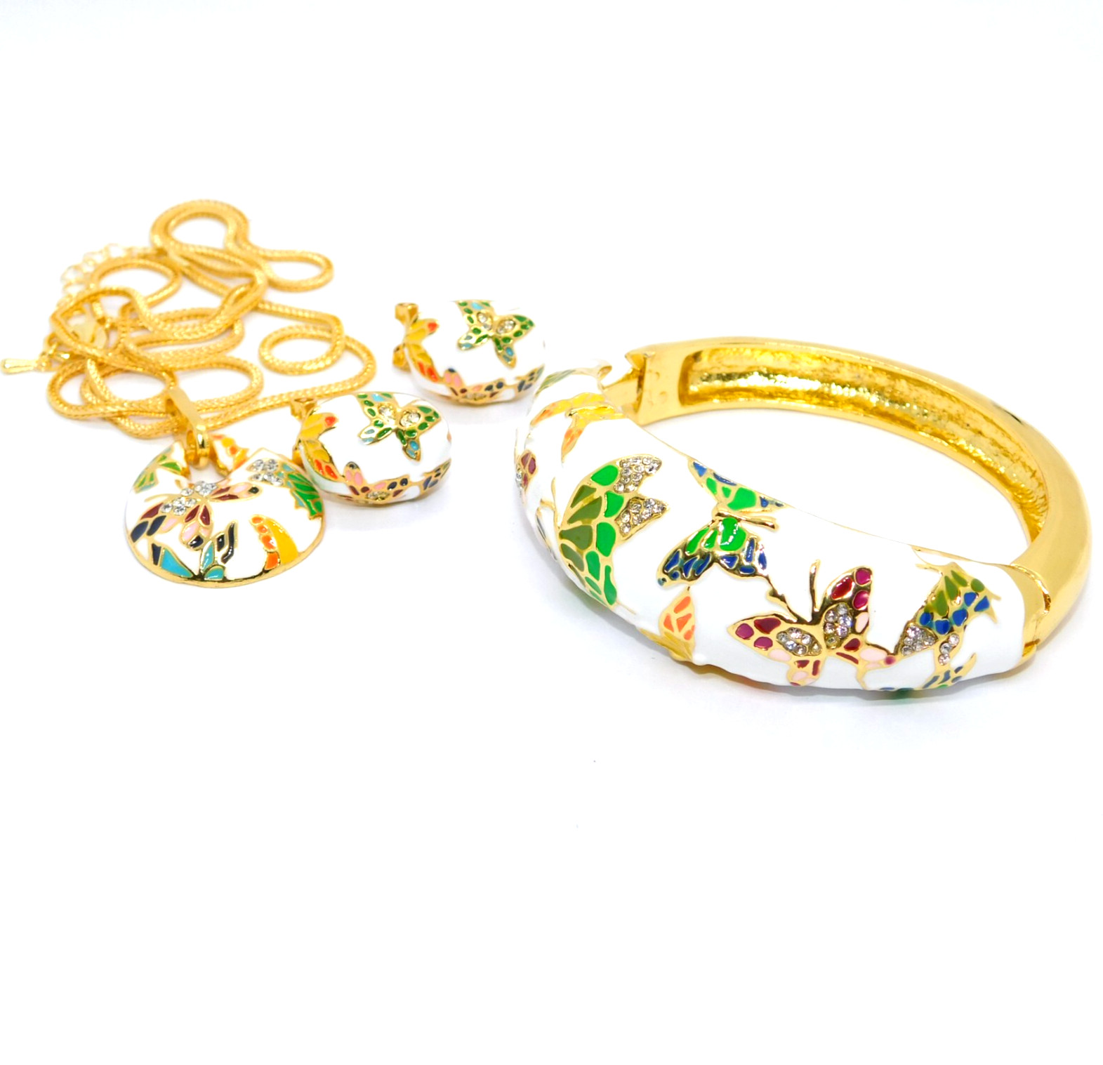 Colorful Butterfly Pendant Necklace and Earrings Set Gold Plated Enamel Jewelry