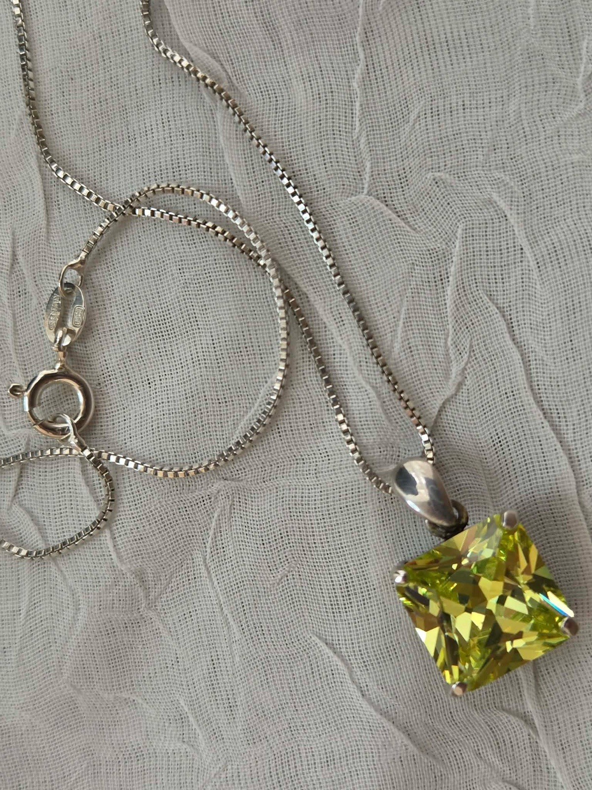 Sterling Silver 925 Lime Green Square CZ Pendant Necklace Box Chain Chartreuse