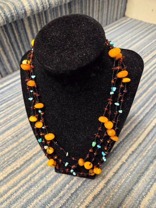 Artisan Genuine Amber Turquoise 84″ Beaded Necklace Multi Strand Knotted Cord