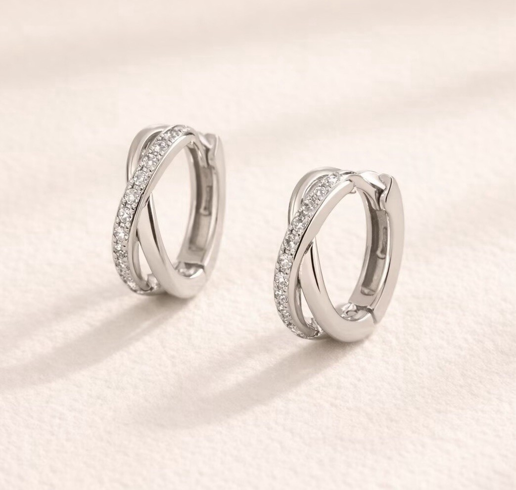 925 Silver Twisted CZ Crossover Hoop Earrings Criss Cross Huggie Earrings 129