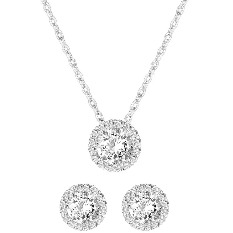Ring Necklace & Earring Set 14K White Gold Plated Round T