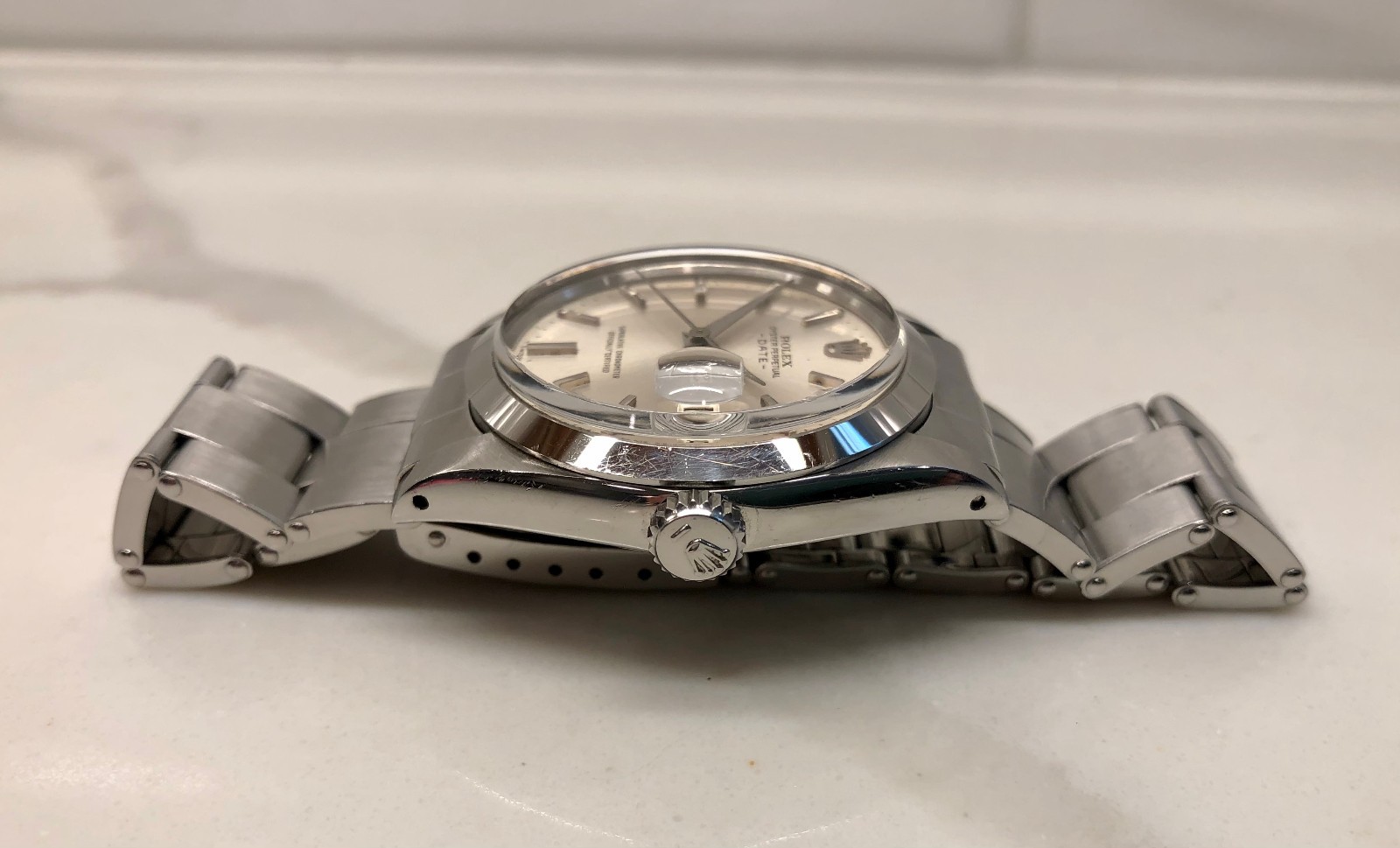 Rolex Date 1500 Oyster Perpetual Silver Arrow Steel Automatic Wristwatch