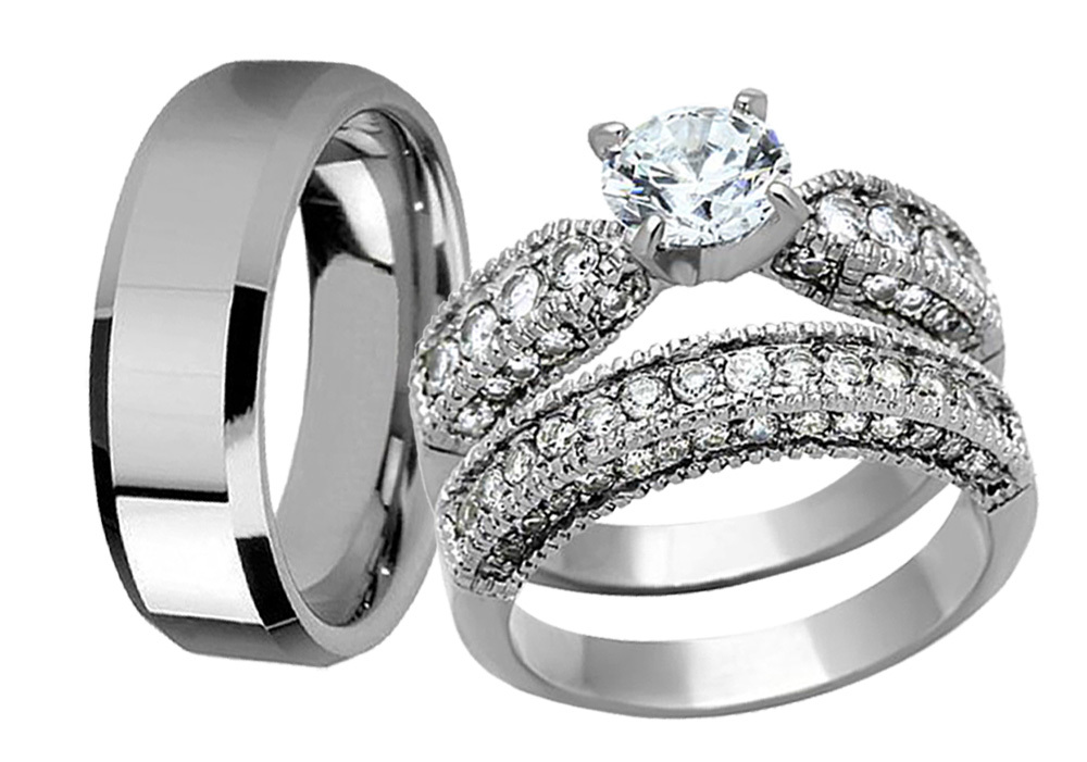 Likable 3 Pcs Men’s & Women’s Stainless Steel Engagement Wedding Ring Set