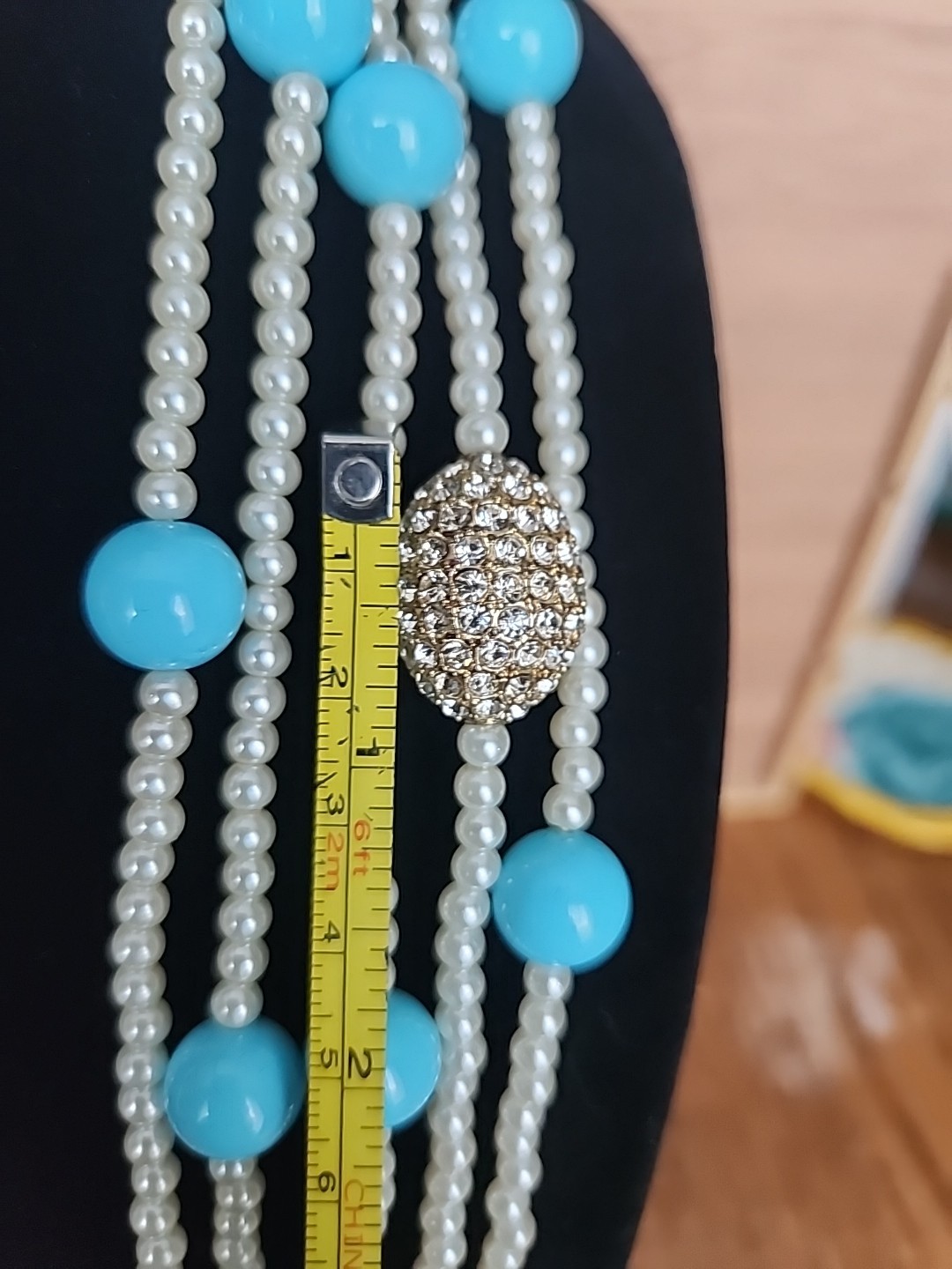 Lovely Joan Boyce Faux Turquoise & Pearl & Crystal Multi Strand 24″ Necklace NIB