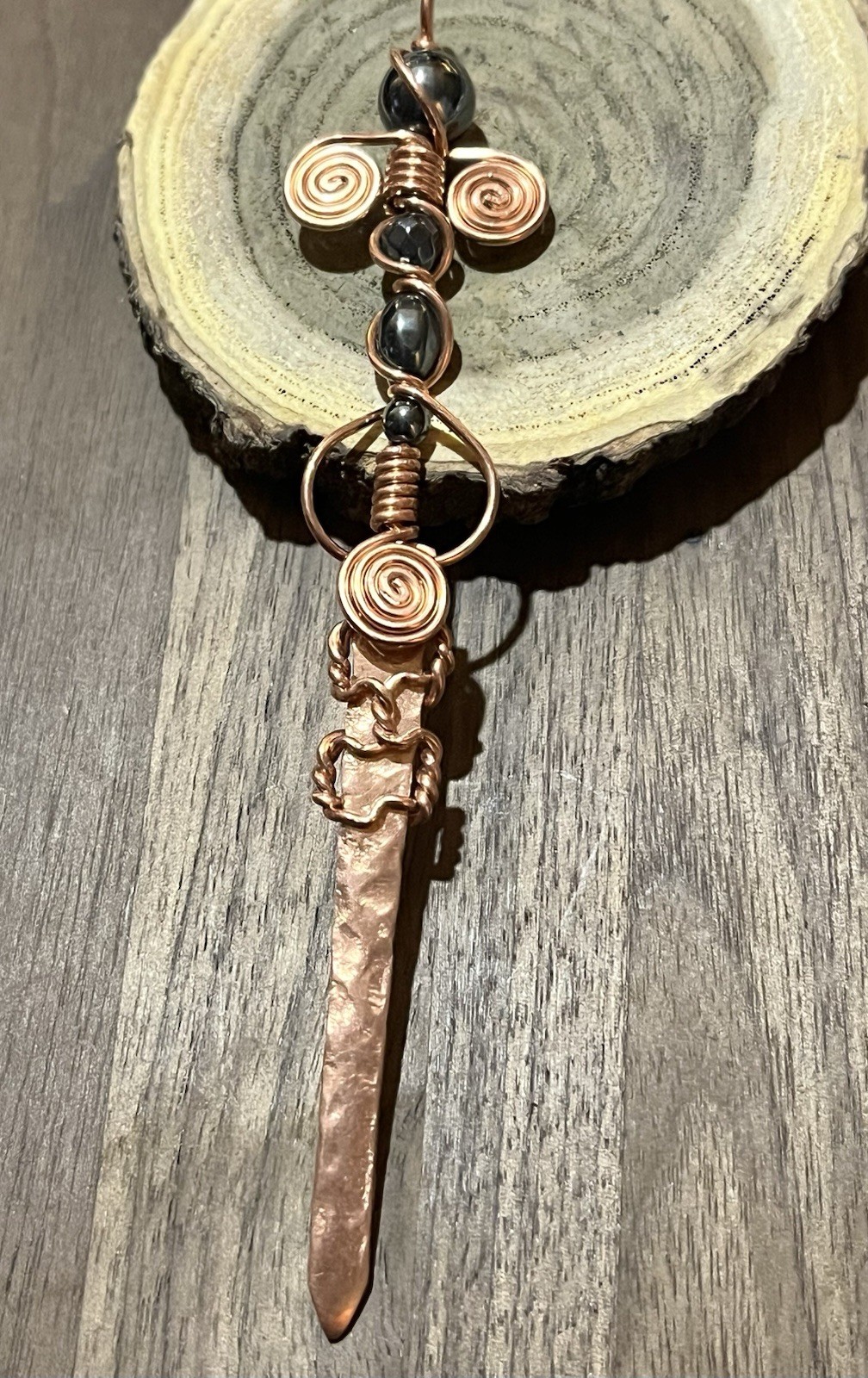 Artisan Copper Wire Wrapped Sword Pendant with Hematite Beads