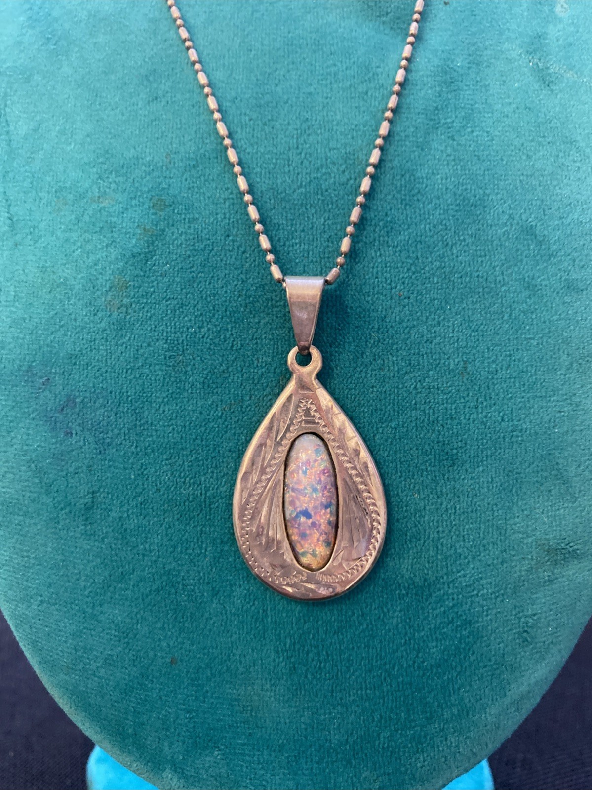 Sterling Silver Teardrop Foil Art Glass Etched Pendant Signed JLR Necklace 20”