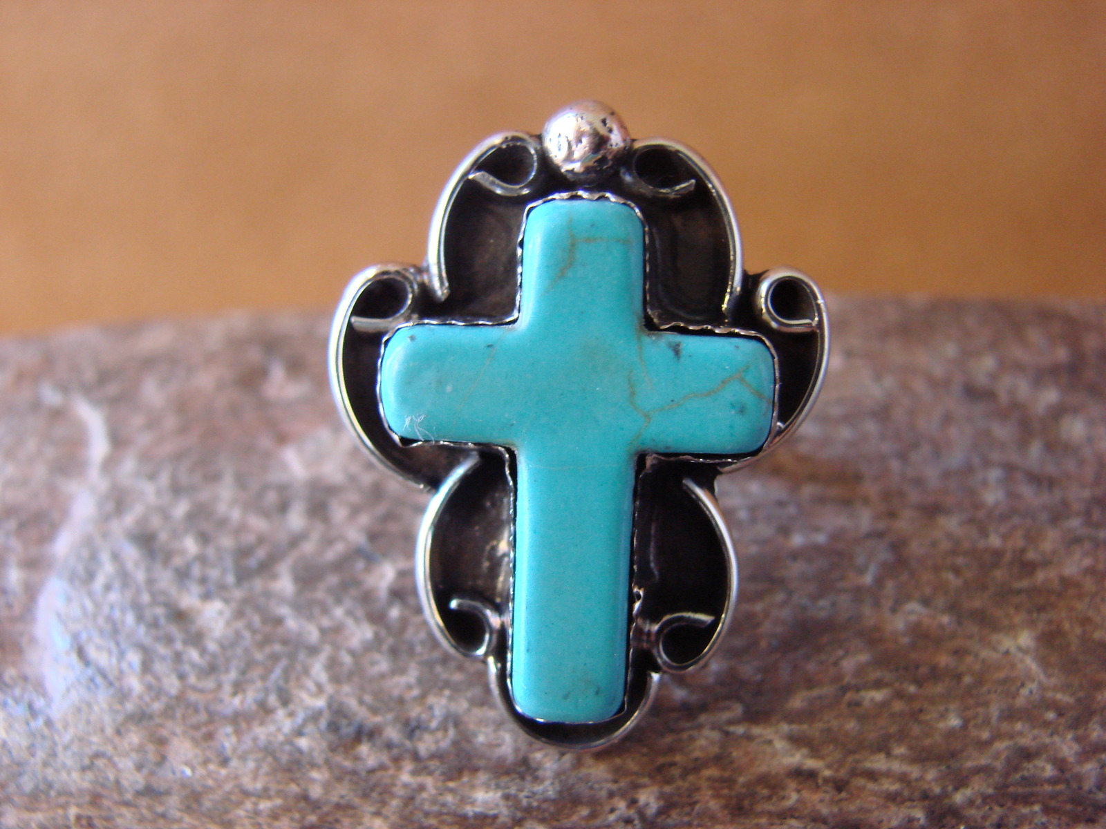 Native American Nickle Silver Turquoise Cross Ring Size 6 1/2 by Phoebe Tolta