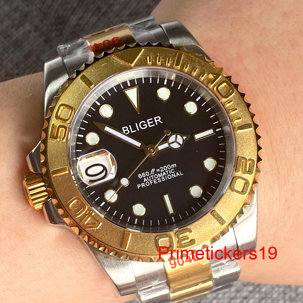 BLIGER NH35A Left-handed 40mm Men Automatic Watch Date Display Two Tone Bracelet
