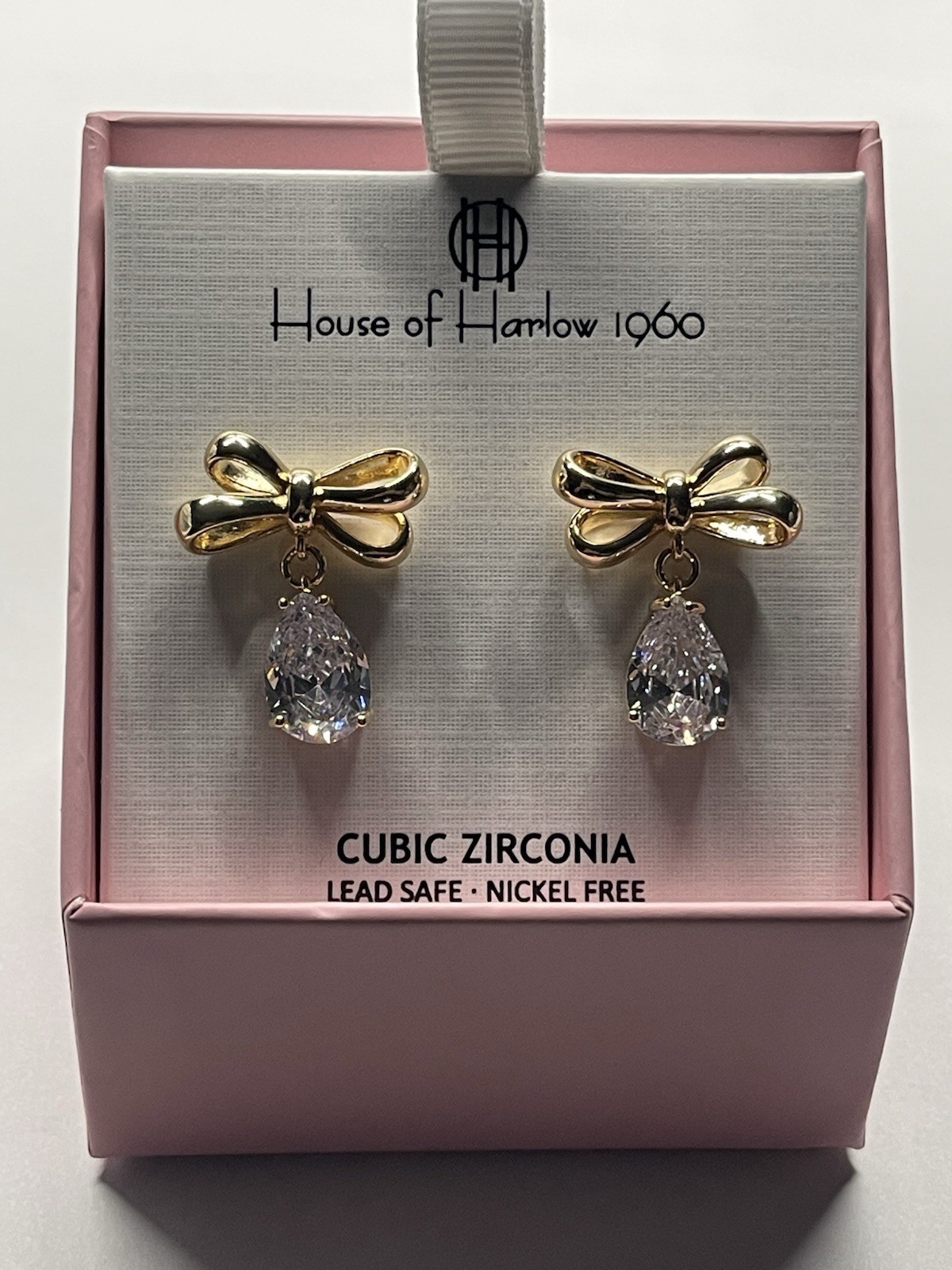 House Of Harlow 1960 Gold Tone Bows Teardrop Cubic Zirconia Stones NWOT