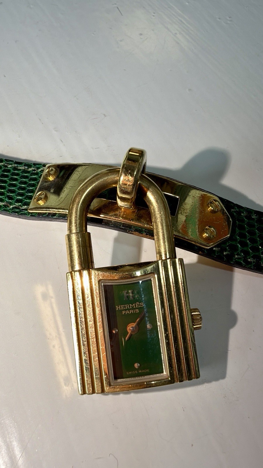 Hermes Kelly Watch Green Lizard Leather Strap Size 7
