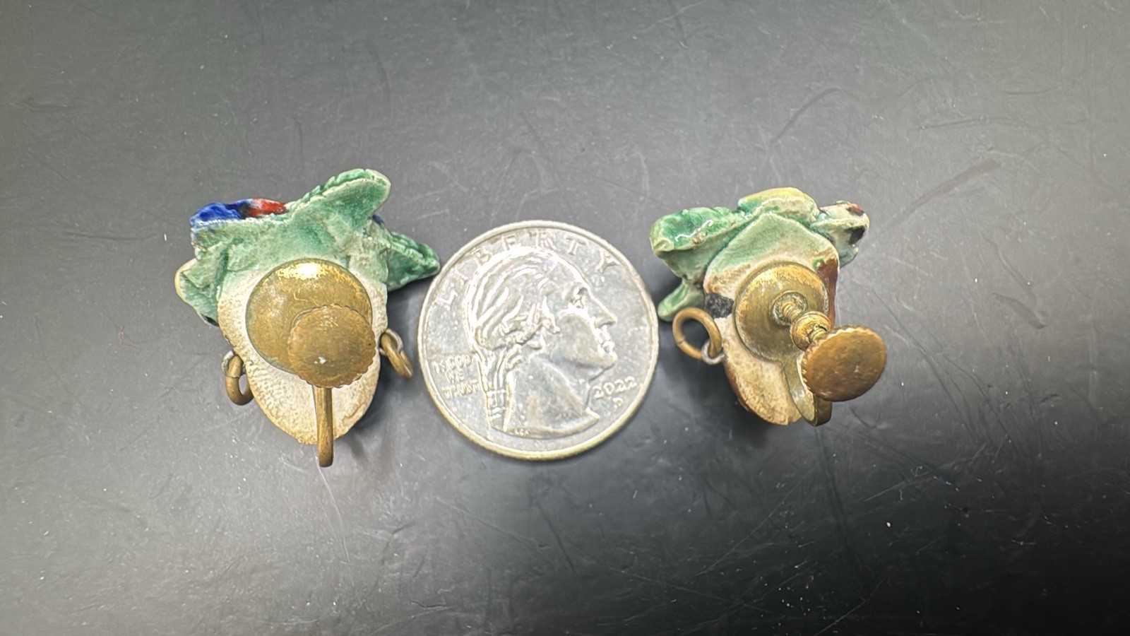 Vtg Ceramic Enamel Carmen Miranda Fruit Salad Hat Lady Screw Back Earrings