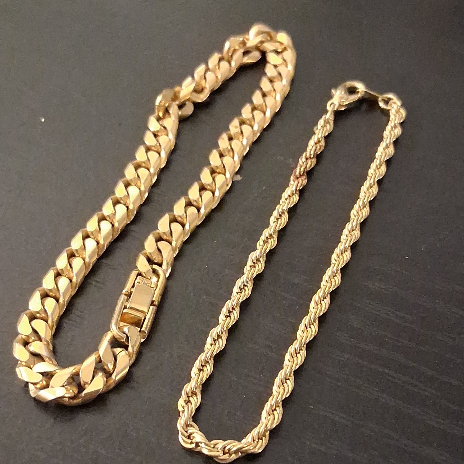 Lot of 2 Gold-Tone Chain Bracelets Cuban Link & Rope Style Box Closure