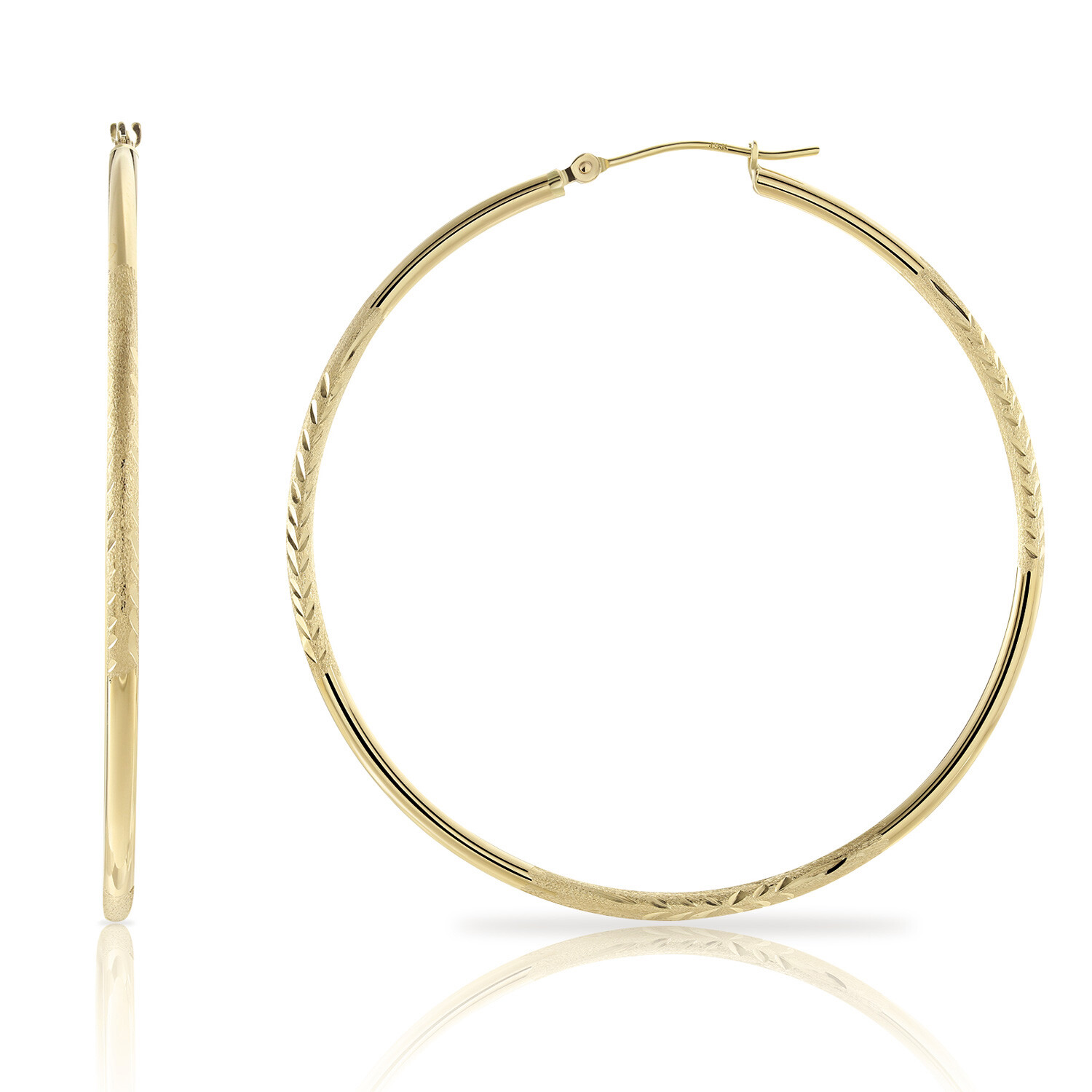 14K Real Solid Gold 2″ Large Floral Diamond-Cut Hoop Earrings Lightweight Hoops