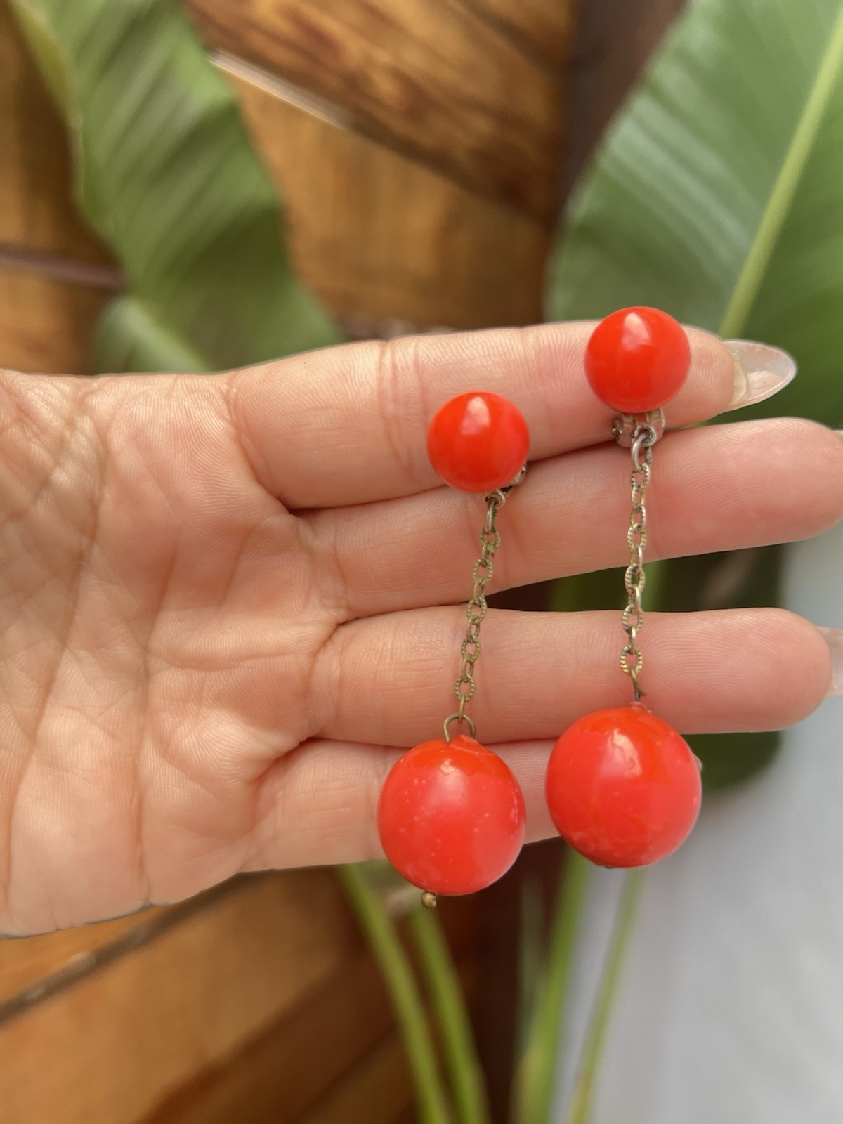 BLOOD ORANGE 60’s 60s Vintage Double Ball Drop Chain Clip On Mod Dangle Earrings
