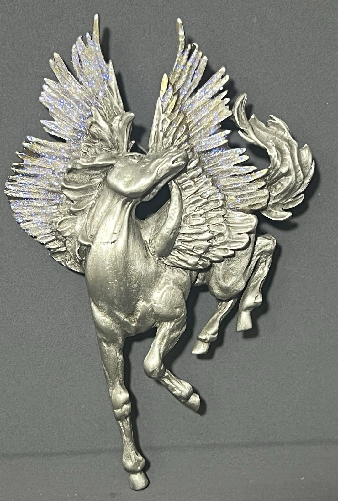 Vintage JJ Jonette Brooch Pewter Horse Pegasus Purple Glitter 3.5 Inches