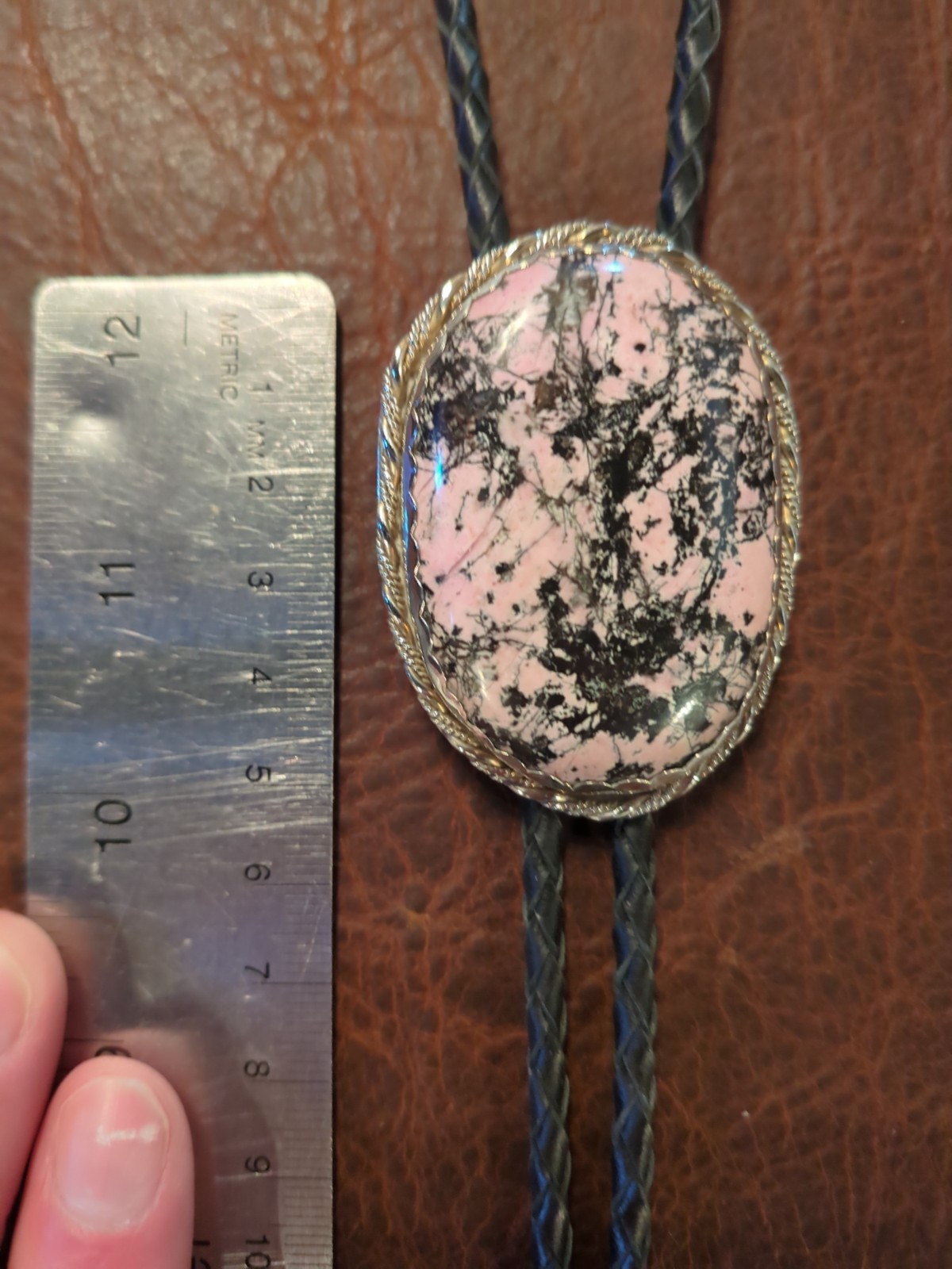 bolo tie silver handmade rhodonite
