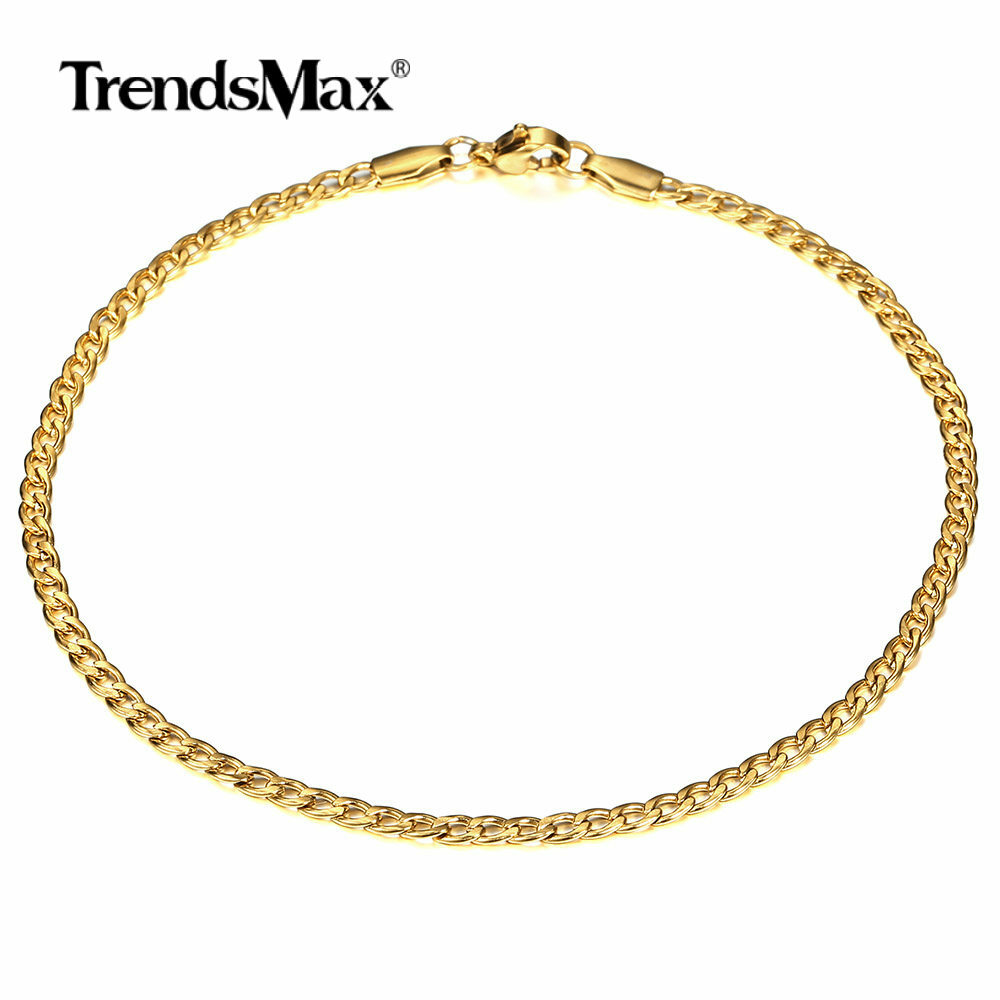 3mm Gold Plated Stainless Steel Figaro Curb Chain Anklet Bracelet Women 10″