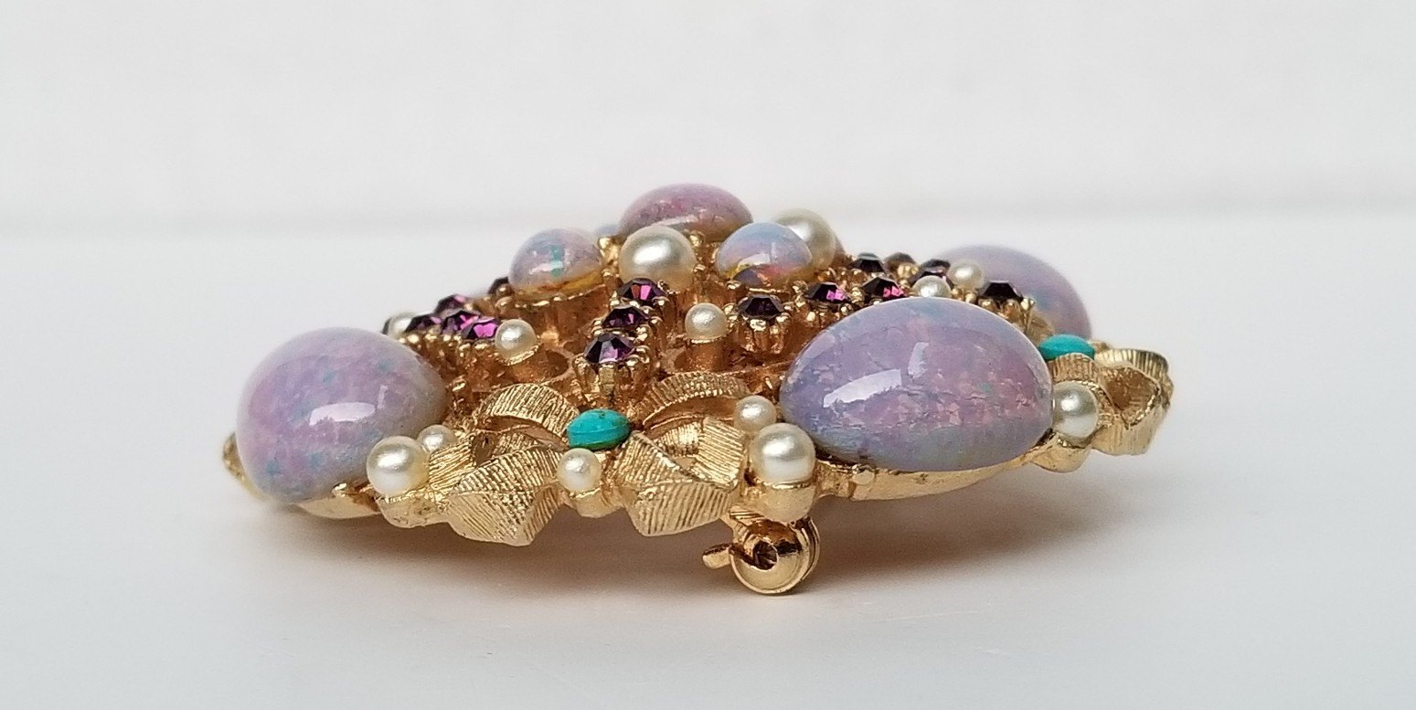 Vintage R. MANDLE Faux Opal, Pearl & Turquoise Rhinestone Gold Tone Pin Brooch