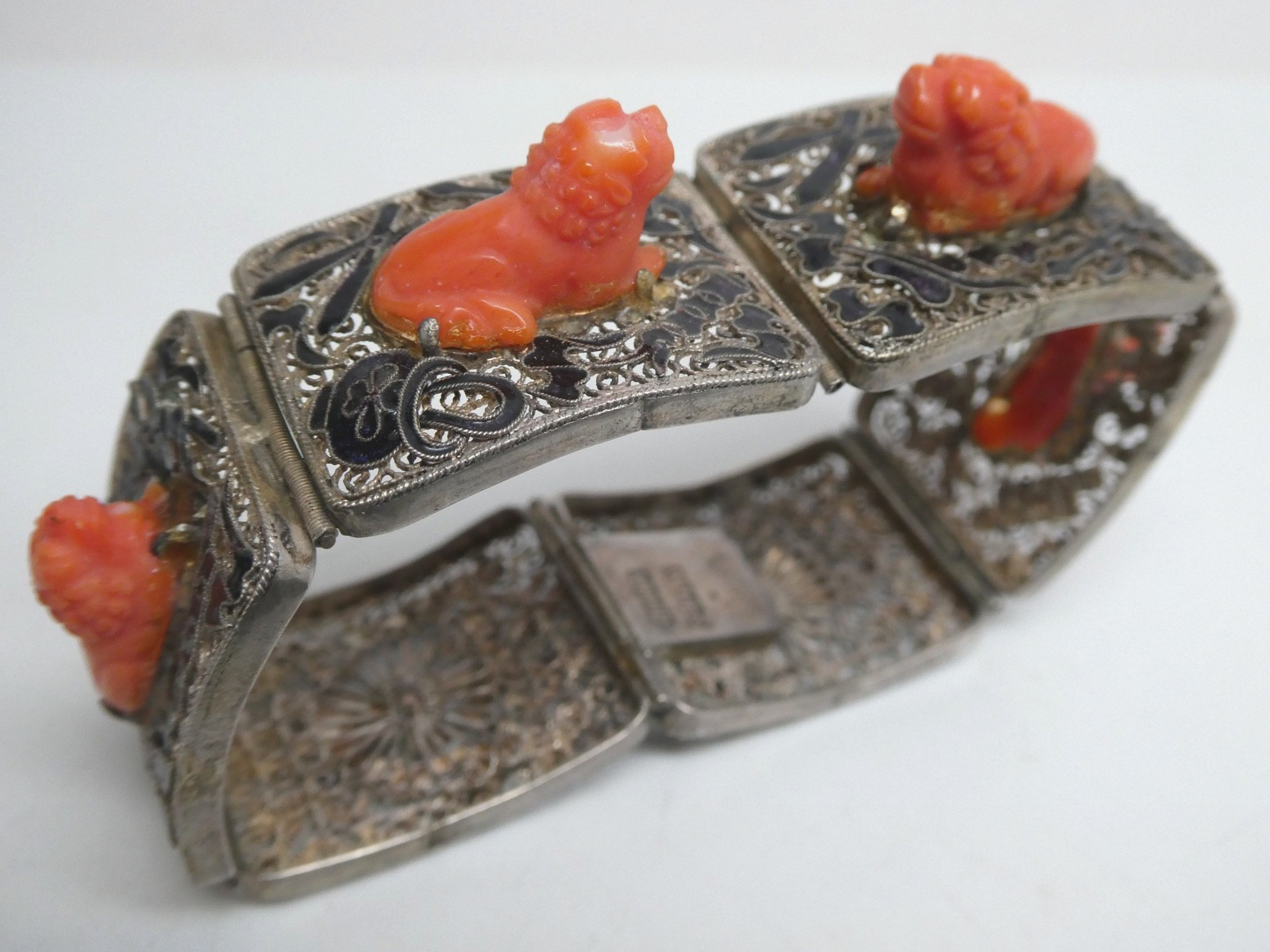 Vintage Chinese Export RARE Coral Lion Enamel Gilded Silver Bracelet Size 6.5″