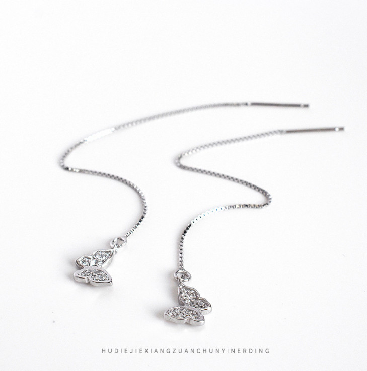 S925 Sterling Silver Butterfly CZ Dangle Pull Through Threader Earrings Box PE48