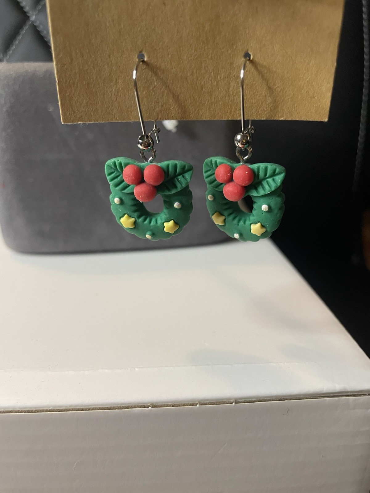 Christmas Wreath Dangle Earrings Hook Stainless Steel Green Red Yellow