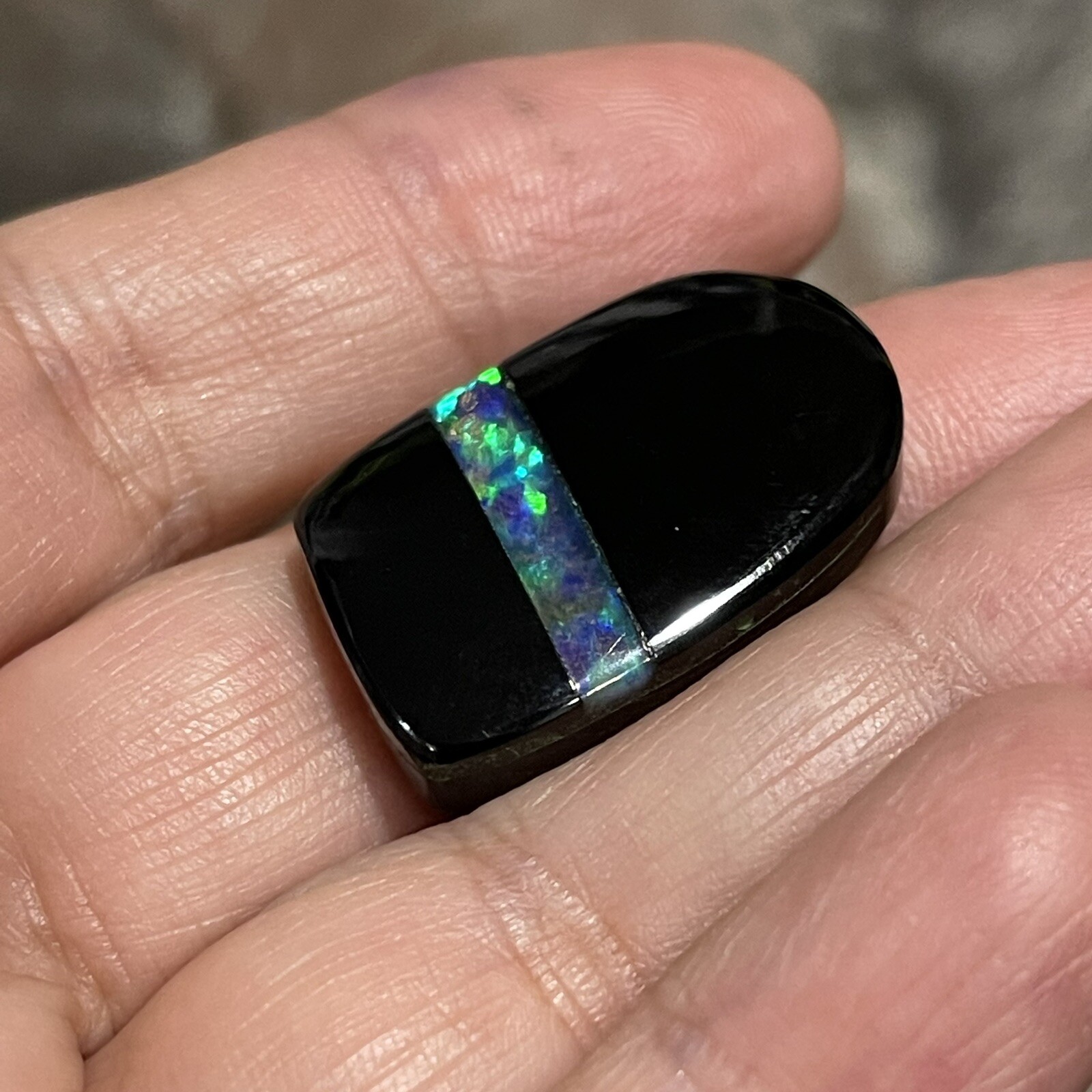 29ct 27.4c17.2×6.2mm Black Onyx And Lab Created Opal Inlay Intarsia Cabochon