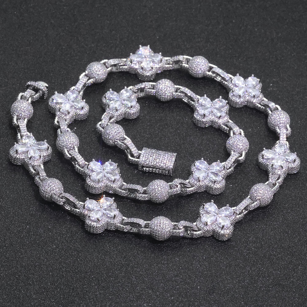 10mm Women’s Four-leaf Clover Iced CZ Out Tennis Chain Bracelet Men Gold Plated