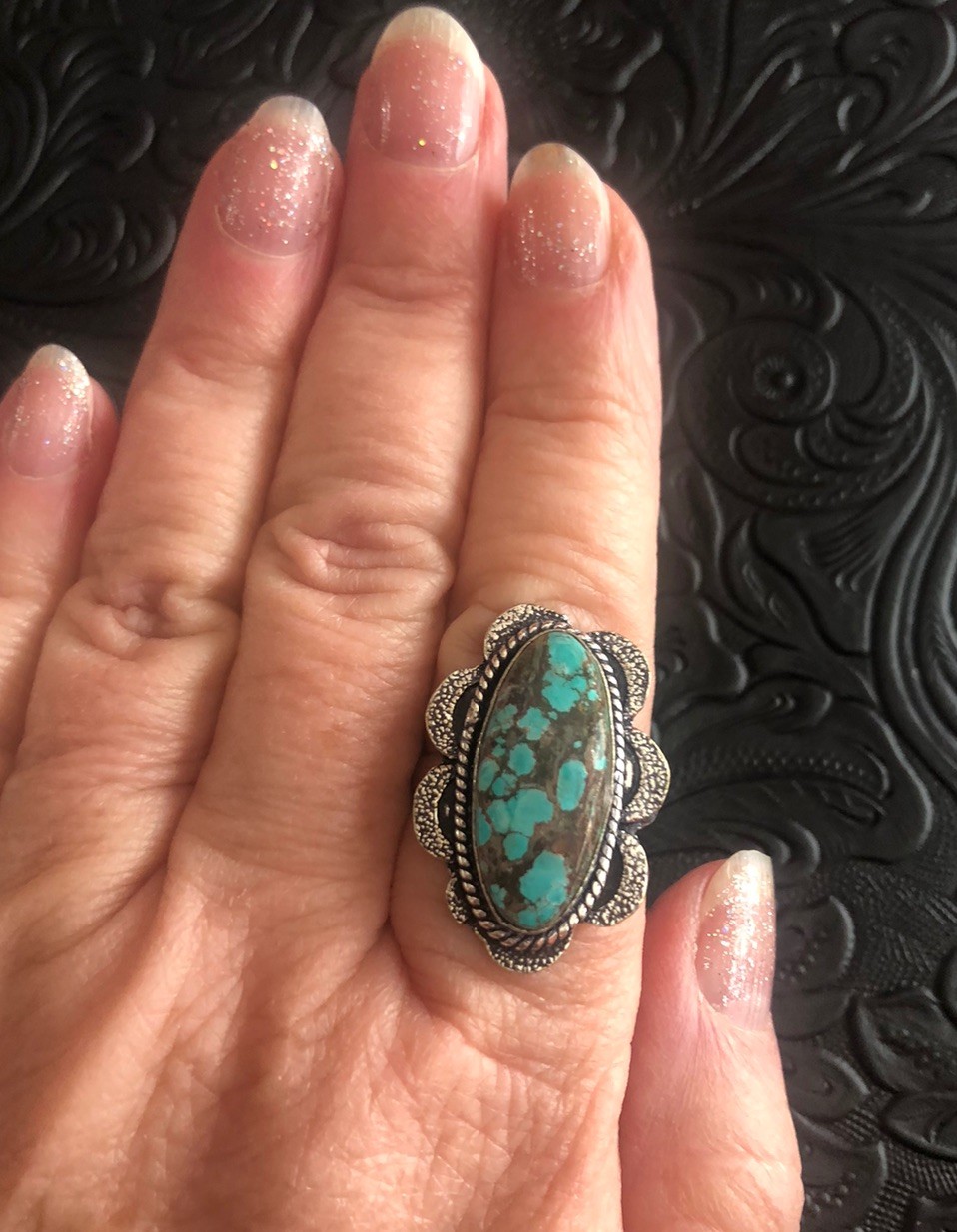 Blue Turquoise Ring Size 8.5 Flower Motif Web Matrix Artisan Southwest