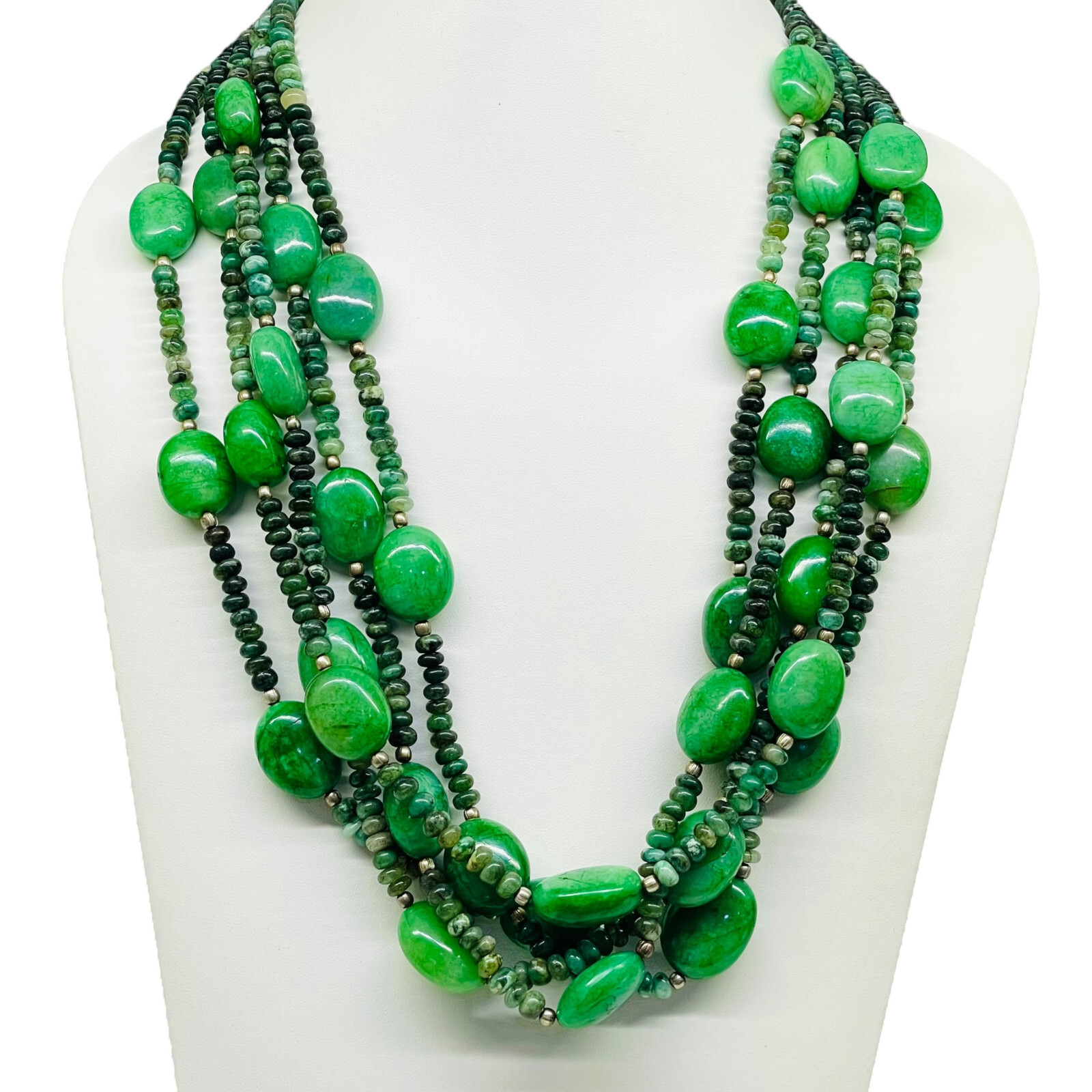 23′ Natural Emerald Designer Necklace Cabochon Beads 925 Silver Clasp