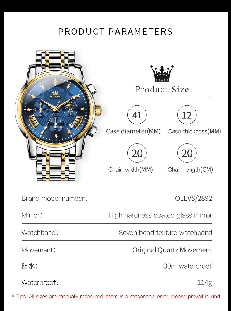 OLEVS 2892 Luminous Multifunctional Male Gift Top Quality Casual Quartz Watch